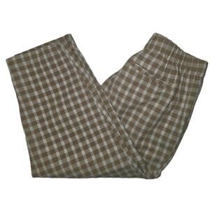 EUC PM Women's Cropped Beige Plaid Pull-On Cotton Pants w/Elastic Waist/Pockets